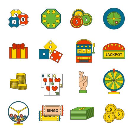 Casino game icons poker gambler symbols and casino blackjack cards gambler money winning icons. Casino icons set with roulette gambler joker slot machine isolated vector icons illustration. Casino conceptのイラスト素材