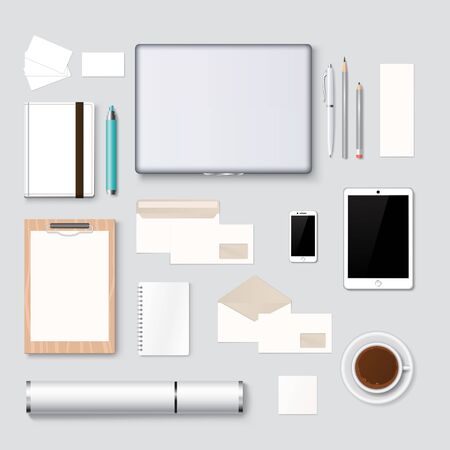 Mockup branding identity design and mockup corporate company desk design graphic clean style. Letterhead, logo and web design mockup template background vector illustration. Realistic Mockupのイラスト素材