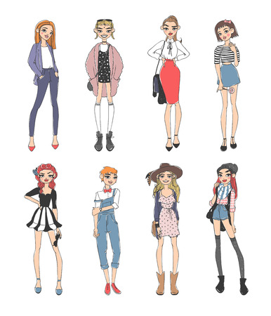 Beautiful young fashion girls dressed casual sketch glamour stylish clothes and fashion sketch girls clothes look models. Fashion casual girls pure beauty colored cartoon sketch flat vector illustration.のイラスト素材