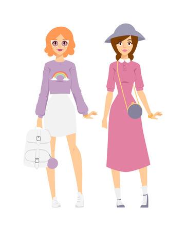 Outfits concept and trendy looks stylish. Trendy looks female lifestyle. Two woman in sunglasses showing girl having fun style casual outfit concept lifestyle urban fashion trendy looks vector.のイラスト素材