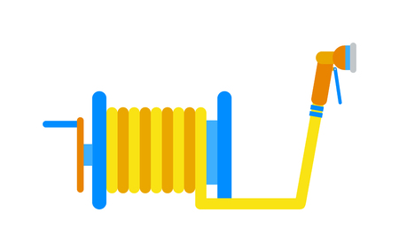 Plastic garden hose and irrigation equipment garden hose. Garden hose water sprayer summer garden tool equipment. Gardening hose with nozzles water irrigation equipment plastic sprayer vector.のイラスト素材