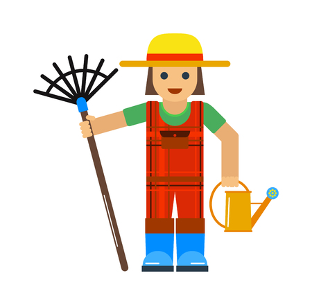 Gardener man Gardener man work plant and gardener man worker. Work garden care person and manual grass yard equipment worker. Garden hobby. Gardener man worker with sprinkle and rake vector.のイラスト素材