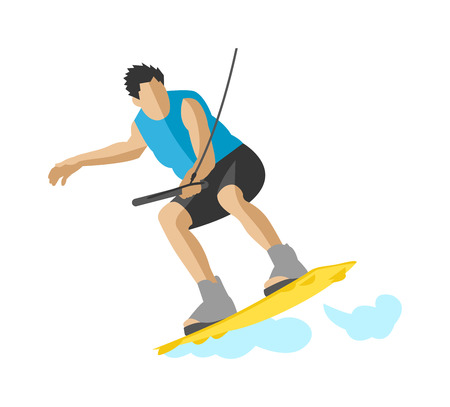Wakeboard on wave water sport and wakeboard activity water sport. Summer action splash wakeboard active recreation man. Man wakeboarding in action summer fun hobby outdoor water sport character vectorのイラスト素材