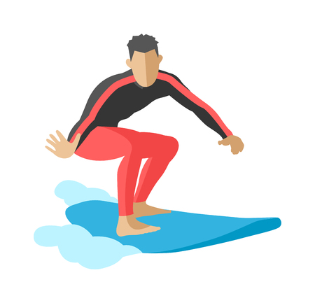Surfing getting and summer surfing. Men on surfboard getting surfing. Extreme hobby watersports adventure active. Surfer blue ocean wave getting barreled surfing water extreme sport character vector.のイラスト素材