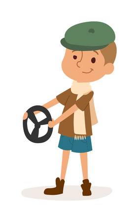 Driver boy with rider and driver funny cartoon boy. Profession driver automobile kid, fun road wheel driving childhood driver boy. Driver boy with car rudder cute cartoon vector profession character.のイラスト素材