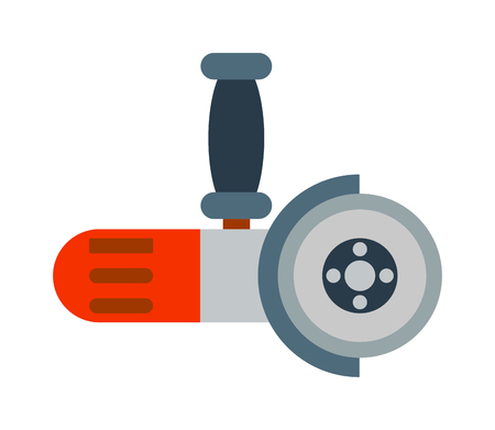 Flat grinder electrical machine and grinder industry equipment. Grinder power iron tool, worker production manufacturing circular. Big powerful angle grinder with abrasive disk industry machine vectorのイラスト素材