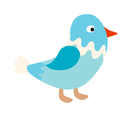 Blue bird nature animal and cute blue bird wing. Wild blue bird and cartoon bird blue funny character. Funny blue cute song bird. Vector little standing blue bird sparrow pointing with its wingのイラスト素材