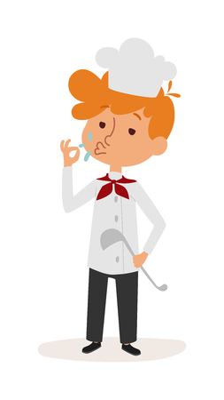 Glad little boy chef standing cute young dressed in chef clothes holding scoop, doing ok sign vector. Boy chef with scoop and boy chef doing ok sign. Child cooking food little chef on kitchen.のイラスト素材