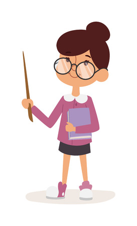 Young girl kindergarten teacher teaching vector. Cartoon young girl teacher and young girl teacher character. Young girl teacher  happy person with glasses pointer notebook.のイラスト素材