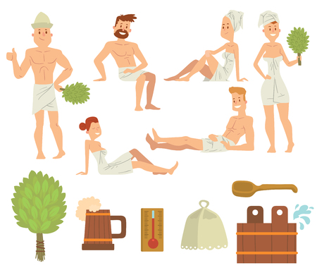 Bath people body washing face and bath people taking shower. People couples steam bath and take beer luxury relaxation. Young couple relaxing in spa health care concept bath people brushing vector.のイラスト素材
