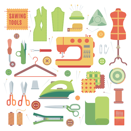 Sewing machines fabric textile and sewing machines craft industry. Needlework vintage sewing textile. Set of accessories for sewing machines and handmade with dressmaking accessories textile vector.のイラスト素材