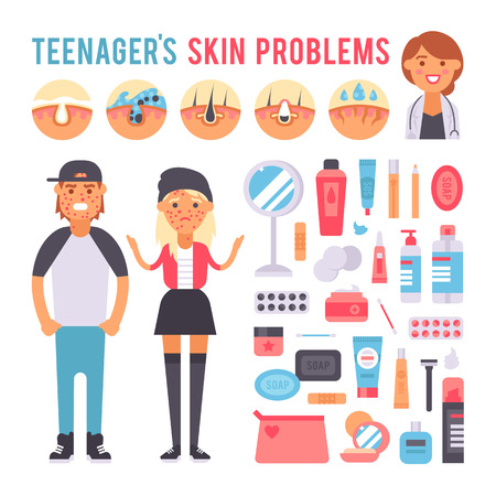 Facial care skin problems icons and clean skin problems. Skin human problems concept, cosmetic pimple dermatology instability. Facial care teenager defects skin problems infographic elements vector.のイラスト素材