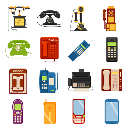 Telephones call contact and business telephones. Classic telephones technology support symbol, retro telephones mobile equipment. Telephones communication call contact device vector set.のイラスト素材