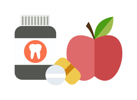 Medical doctor health diet offering chemical and natural health diet vitamins, of drugs and apple fruits. Health balanced diet concept choice between two sources vitamins pills or fruits vector.のイラスト素材