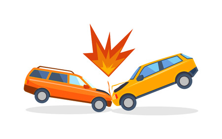 Accident road situation danger car crash and accident road collision safety emergency transport. Accident dangerous speed. Accident road on street damaged automobiles after collision car crash vector.のイラスト素材