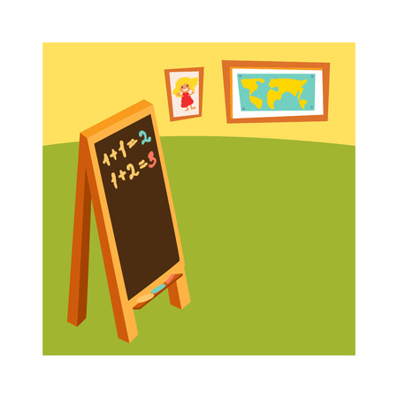 School class with chalkboard desks and school class for education, study, blackboard. Classroom without student school class with wooden furniture and green blackboard on brick-wall-rendering vector.のイラスト素材