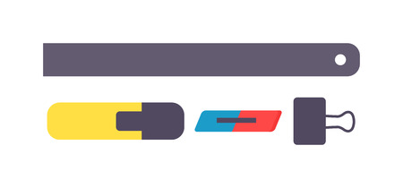 Tools for office and school equipment office tools. Office tools stationery clip, marker, ruler. Colorful flat design office tools. Office tools school rulers, markers, eraser, clip accessories vectorのイラスト素材
