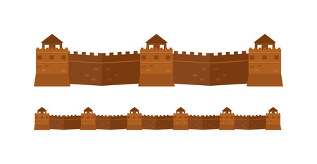 Great Chinese architecture wall and great chinese famous wall. Great Chinese wall tourism world wonder structure. Stone historic wall. Great Chinese Wall old architecture famous attributes vector.のイラスト素材