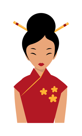 Chinese girl red dress and chinese girl tradition beauty clothing. Chinese girl attractive qipao lady. Beautiful chinese girl in traditional cheongsam red dress chopsticks in hair cartoon flat vector.のイラスト素材