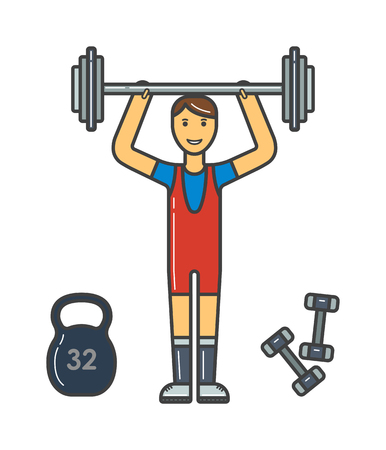 Strong bodybuilder athlete with perfect  shoulders, biceps athlete. Athlete training healthy sport muscular action. Handsome power athletic man in training pumping up muscles with dumbbell vector.のイラスト素材