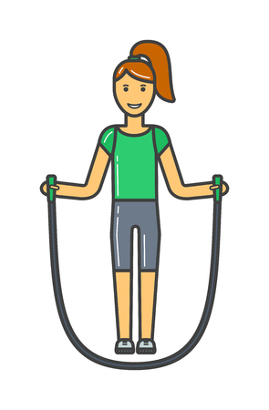 Smiling american girl exercising with jump-rope outdoors and girl with rope healthy fitness. Girl jumping rope. Young girl jumping rope fitness, sport, training, park and lifestyle concept vector.のイラスト素材
