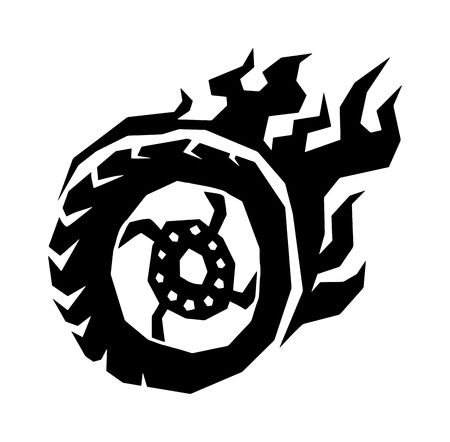 Fire wheel hot burn black and race vehicle fire wheel. Fire wheel auto car concept. Fire wheel fast sport automobile transport. Fire wheel silhouette. Car and motorcycle fire wheel with flame vector.のイラスト素材