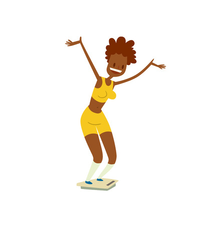 Girl on scales figure lifestyle care and pretty girl on scales. Girl on scales success fit measurement. Adult attractive shape fitness woman. Beautiful slim girl on scales fitness healthy body vector.のイラスト素材