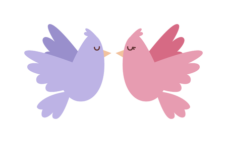 Doves couple with hearts vector icon illustration. Dove cartoon style birds fly couple. Valentine Day or Wedding card design. Valentine greeting cardのイラスト素材