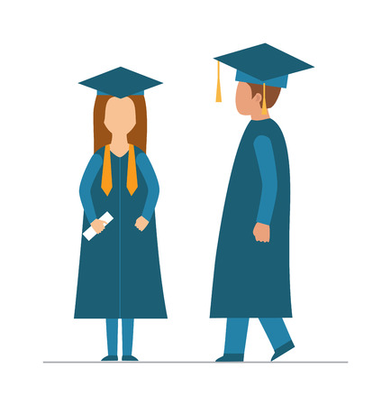 Graduation education people successful graduate students knowledge school university college graduation people infographic concept. Happy graduation people icons uniform throwing caps vector.のイラスト素材