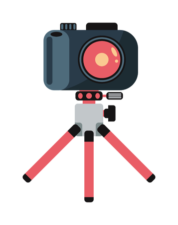 Modern photo camera on tripod and digital film photo camera on tripod. Pink tripod. Flat photo camera shutter creative optical classic cam. Digital flat photo camera on tripod technology vector.のイラスト素材