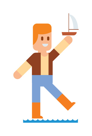 Funny cute vector boy walking with ship toy. Cartoon boy character, boy walking. Flat cute syle boy vector illustrationのイラスト素材