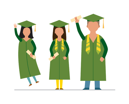 Flat modern graduation people successful graduate students education knowledge school university college graduation people infographic concept. Happy graduation people uniform throwing caps vector.のイラスト素材