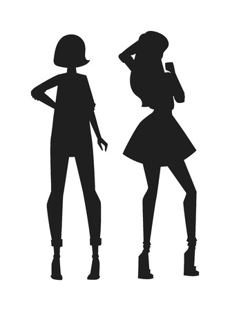 Concept of modern fashion girls black silhouette and beautiful style black silhouette of girls. Girls silhouette sexy girl in various poses isolated on white background vector illustration.のイラスト素材