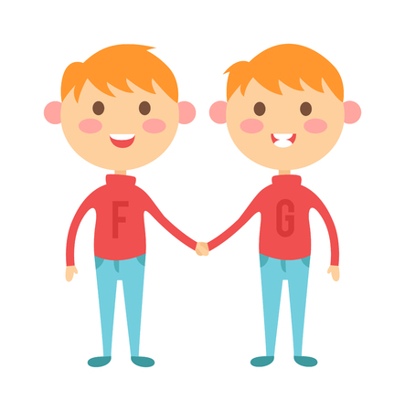 Twins kids holding hands and cute twins kids together. Twins happy kids holding hands boy and girl vector illustration. Twins brother and sister vector illustrationのイラスト素材
