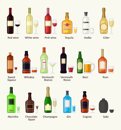 Alcohol drinks beverages and alcohol cocktail whiskey drink bottle lager refreshment container. Alcohol menu drunk concept. Set of different alcohol drink bottle and glasses vector illustration.のイラスト素材