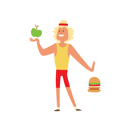 Fast food people restaurant hamburger person and fast food burger lunch lifestyle people. Fast food eating people. Young skinny people with package not recommended fast food not healthy food vector.のイラスト素材