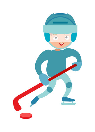 Hockey player boy with hockey stick, attitude and bandage on face. Winter sport hockey player boy athlete uniform helmet equipment. Hockey player boy cute pretty tough confident smiling male vector.のイラスト素材