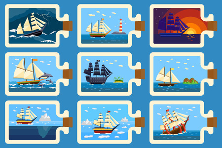 Ships in bottle hobby and miniature ships in bottle. Ships in bottle miniature souvenir nautical hobby. Glass bottle with ship inside miniature boat sea travel model vector illustration.のイラスト素材