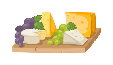 Piece of sliced cheese isolated vector. Sliced cheese. Feta cheese - Greek cheese, maasdam cheese slices on a wooden serving board decorated with fresh fruit, grapes. Maasdam Swiss Cheese piece with holes.のイラスト素材