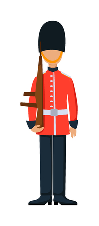 England troop armed forces man with weapon illustration. English guard in england troop soldier in hat. England troop man in uniform with weapon isolated on white background.のイラスト素材