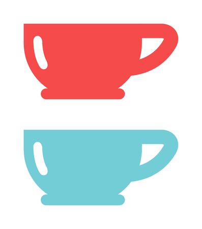 Tea red and blue cup and empty red cup. Red single handle espresso cup breakfast food and ceramic red and blue flat cup. Red cup coffee tea or drink cafe morning beverage kitchen accessory flat vector.のイラスト素材