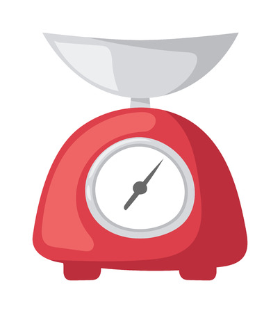 Weighing kitchen scales with pan and dial weight measurement. Kitchen scales appliances measuring tool preparing baking. Vector illustration red weight kitchen scales measurement domestic appliance.のイラスト素材