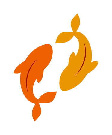 Koi carp and clean water gold carp symbol. Colorful asian underwater carp, natural river freshwater. Gold fancy carp freshwater fish water animal lake japan koi food flat vector illustration.のイラスト素材