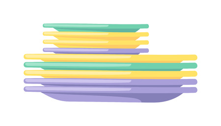 Tableware dishes and colorful plastic dishes. Group dishes clean dishware kitchen tableware restaurant equipment. Clean dishes empty dishware kitchen utensil cooking tableware flat vector illustrationのイラスト素材