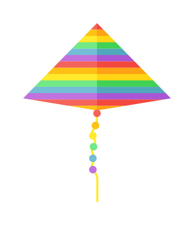 Summer kite and flying kite. Childhood playing freedom game kite and colorful fish kite hobby toy. Small flying rainbow colorful fish kite fun wind flying summer toy flat vector illustration.のイラスト素材