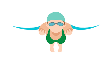 Sport pool swimmer and swimmer young girl. Swimmer race action professional person training. Dynamic and fit swimmer woman in cap breathing performing butterfly stroke pool sport vector illustration.のイラスト素材