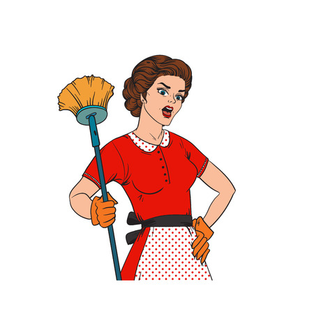 Pop Art woman comic style housewife woman. Cleaning war housewife girl vector illustration. Pop art style housewife girl strong girl. Domestic, kitchen, cleaning service housewife womanのイラスト素材