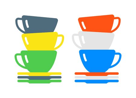 Cartoon tes cup and empty kitchen cups. Handle tea cartoon cup breakfast food and flat tea cups. Coffee or tea or drink cafe morning beverage kitchen accessory cups flat vector. Cartoon vector cupsのイラスト素材