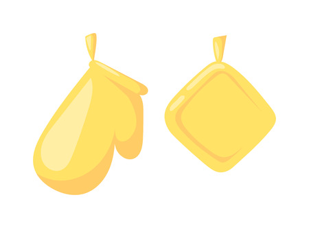 Pot holder home safety kitchen cooking utensil cotton thermal textile flat vector illustration. Safety potholder and kitchen pot holder. Yellow pot holder chef equipment cookery kitchenware.のイラスト素材