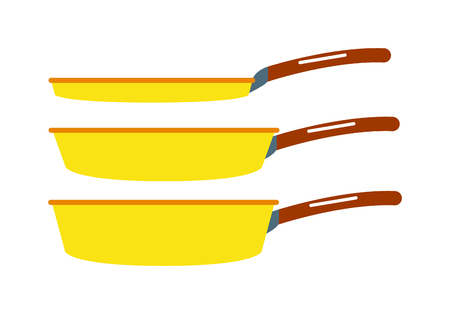 Cartoon pan cooking steel home kitchen equipment pot vector illustration. Cooking pan cartoon and food preparing handle metal pan cartoon. Kitchenware pan cartoon restaurant preparing food.のイラスト素材